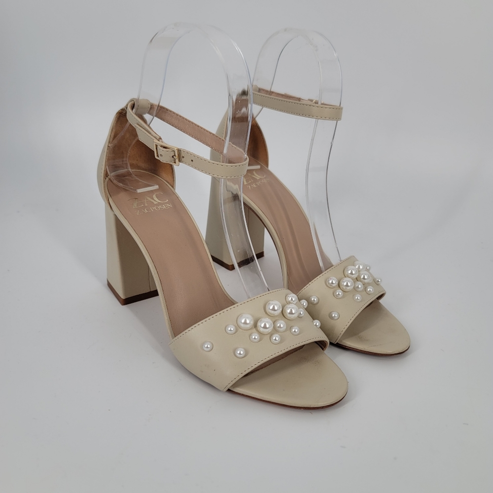 Zac Zac Posen Cream Pearl Sandals Block Heel Open Toe Size 36